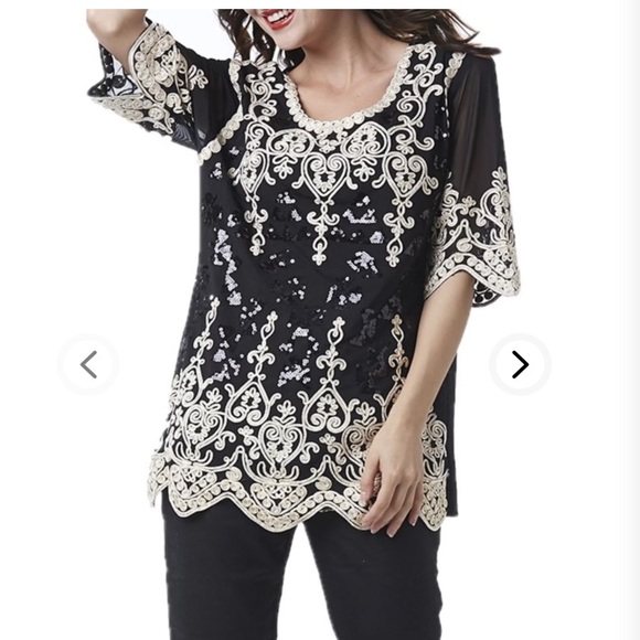 First Choice women’s elbow sleeve scoop neck sheer crochet accent sequins top - Picture 13 of 13